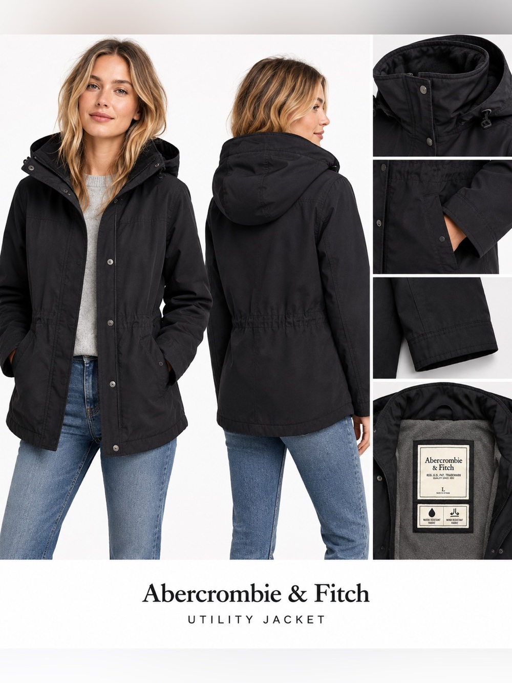 Abercrombie & Fitch Black Hooded Fleece Lined Utility Jacket Coat L